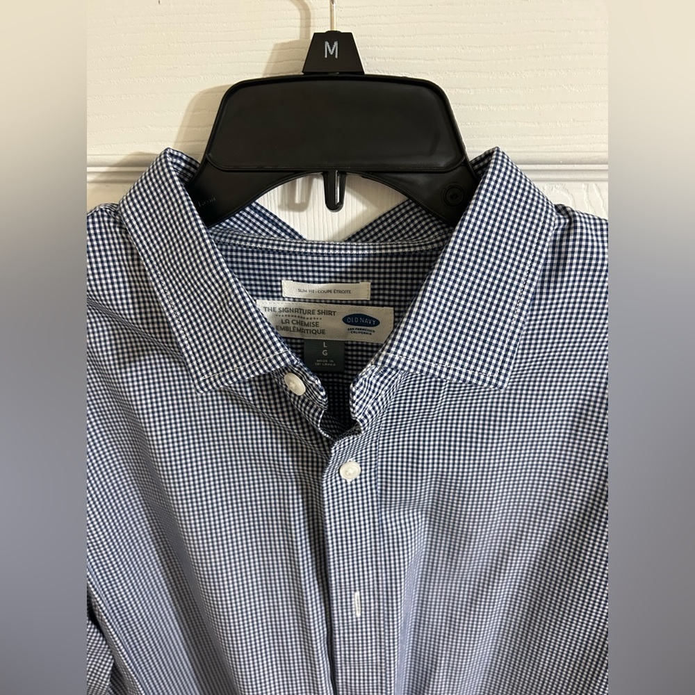Old Navy Men's Navy Gingham Long Sleeve Dress Shirt Large Slim Fit